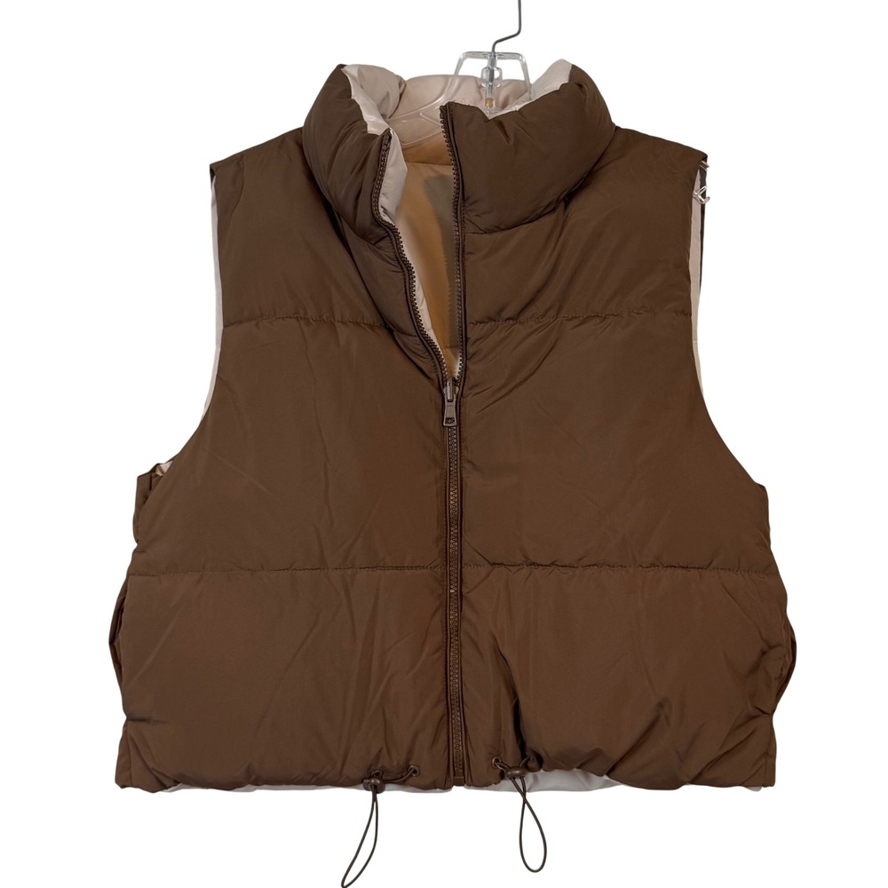 Womens Brown Puffer Vest Zip Up Drawstring Hem •L• Gorpcore Autumn‎ Streetwear